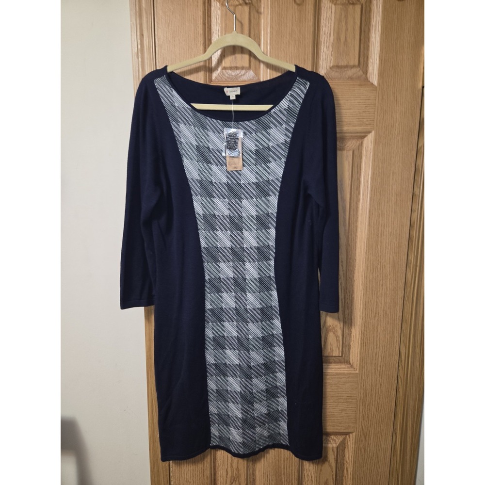 Christmas Holiday Party Knit Sweater Dress L Large Green Navy Plaid Cremieux NWT